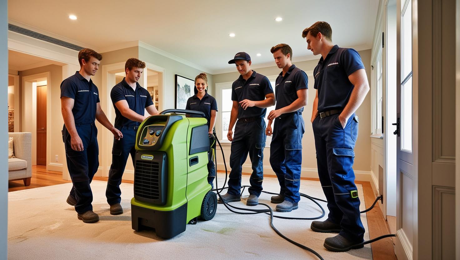 Technicians demonstrating dehumidification in commercial space using a portable industrial dehumidifier Technicians demonstrating dehumidification in commercial space using a portable industrial dehumidifier